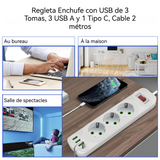 Multiprise electrique Bloc 3 prises 2 USB 1 Type-C avec Interrupteur Longueur câble 2M Protection surtension Multiprise Blanc