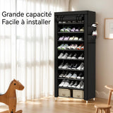 Étagère à chaussures en tissu 60x30x160cm 10 niveaux avec housse protection meuble chaussure en tissu range-chaussures en tissu