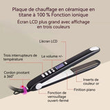 Fer à lisser 30x3,5x2,5cm 65W adaptée aux cheveux secs ou mouillés avec écran LCD et 4 réglages de température réglables noir