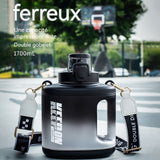 Bouteille d'eau 1700ml grande capacité avec de la paille et sangle résistance à haute température 2 sorties d'eau gourde sport