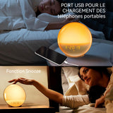 Eveil lumière led réveil simulateur d'aube crépuscule 2 réveils 9 sons naturels fonction snooze veilleuse réveil lumière bluetooth