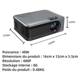 Vidéoprojecteur 480P 16cmx12cmx5.5cm dimensions machine projection  portabilité WiFi bluetooth support mise point électrique TV
