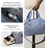 Sac de sport 46x27x27cm tissu oxford bleu main sac de voyage avec compartiment à chaussures et poche de séparation humide et sèche