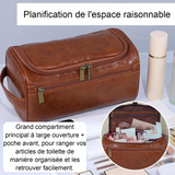 Trousse de toilette 25x14x13cm marron cuir synthétique crochet de suspension facile à transporter grande ouverture poche avant