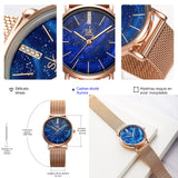 Montre analogique pour femme surface bleu avec bracelet en acier inoxydable montre à quartz élégante cadran ciel étoilé cadeaux