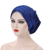 Hijab tour de tête de 56-58 cm turban femme turbans pour femmes doux turban head wrap headwear plissé beanie cap bleu de la mode