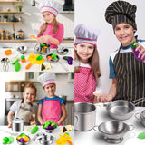 Accessoire cuisine enfant 25x19x13cm mini jouets de cuisine en acier inoxydable avec nourriture simulée tablier et chapeau roses