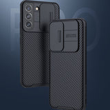 TD® Coque de téléphone à glissière en fibre de carbone pour Samsung Galaxy S22 + Lunettes de protection Confidentialité TPU Colle so