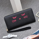 TD® Portefeuille Long en Cuir PU Noir avec un Dessin Abstrait d'un Visage de Chat avec une Anse Porte-Monnaie Porte-Cartes Pochettes