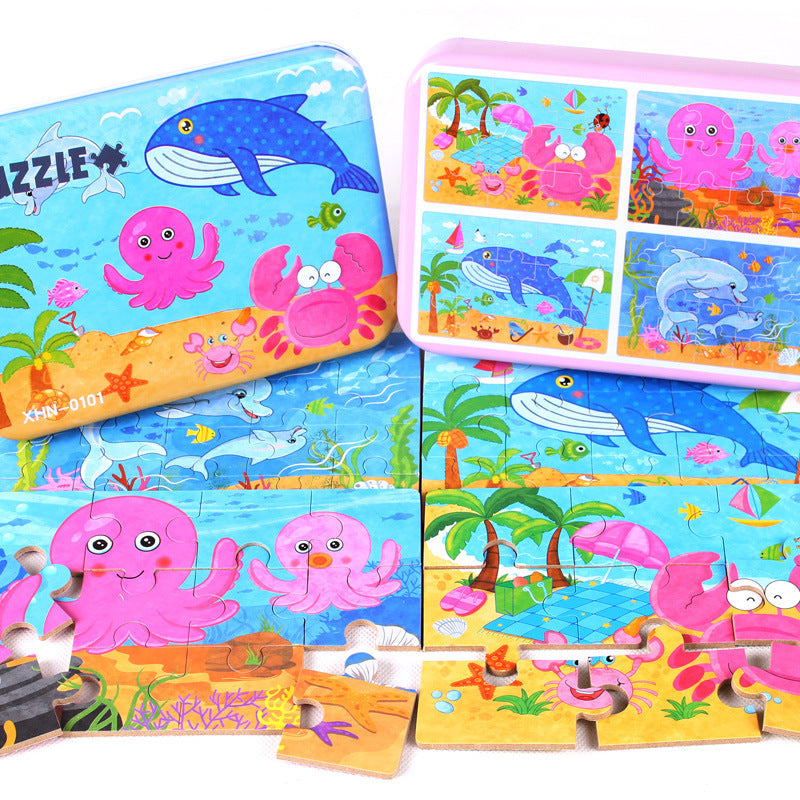 TD® Puzzle Iron Box Ocean Quatre-en-Un Puzzle pour enfants Cadeau de maternelle Petit Puzzle Puzzle Jouets Iron Box Puzzle Puzzle po