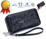 TD® Portefeuille en Cuir PU Couleur Bleu Nuit/ Femme 19 x 9 cm Fermeture Éclair avec des Pendentifs Dorés Motifs Fleuris Incrustés
