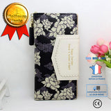 TD® Mode Portefeuille Long  pour Femme Pochette à Motifs Fleuris Noirs et Blancs Franges Noires Détails Dorés Double Fermeture Zip
