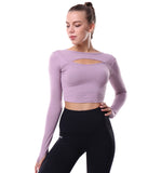 Haut de yoga col rond sans couture séchage rapide T-shirt de yoga à manches longues femmes sexy évider le nombril minceur hau
