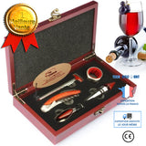 TD® Coffret en Bois Ensemble Ouvre-Bouteille,Bouchon à Vin,Bec verseur,Anneau de Vin et Thermomètre/Coffret Cadeau Accessoires à Vin