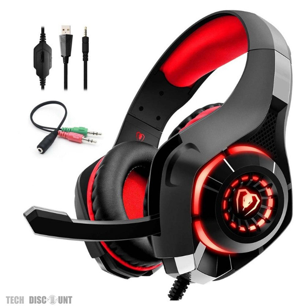 TD® Casque Gaming Rouge  Écouteurs pour Jeux / avec micro pour PC et Ordinateur Portable - LED lumineux Noir et Rouge Confortable