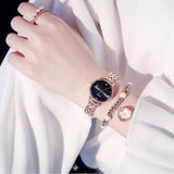 TD® Coffret Cadeau Femme - une Montre à Quartz +  un Bracelet Fleur Rose - Vintage Mode - Chronologie - Acier - Or Rose