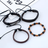 TD® Ensemble en cuir Bracelet pour homme Pierre volcanique Perles en bois Bracelet en cuir tressé rétro Ensemble de 4 pièces