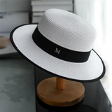 TD® Chapeau de paille d'été blanc à dessus plat M standard à bord plat chapeau haut de forme parasol chapeau de soleil pour femme