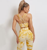 Costume de yoga tie-dye stretch costume de yoga sport running fitness costume gilet tricot fitness pantalon jaune tie-dye fem