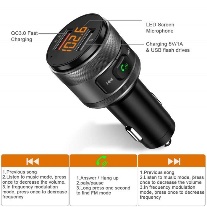 TD® Transmetteur FM Bluetooth haut de gamme Adaptateur Radio sans Fil Kit Voiture Mains Libres/QC3.0 Chargeur Rapide Voiture 2 Ports