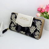 TD® Mode Portefeuille Long  pour Femme Pochette à Motifs Fleuris Noirs et Blancs Franges Noires Détails Dorés Double Fermeture Zip