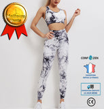 Costume de yoga tie-dye stretch costume de yoga sport running fitness costume gilet tricoté fitness pantalon noir tie-dye fem