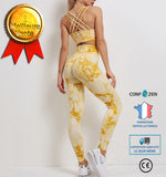 Costume de yoga tie-dye stretch costume de yoga sport running fitness costume gilet tricot fitness pantalon jaune tie-dye fem