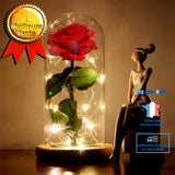 TD® rose éternelle sous cloche cadeau coffret en verre la belle et la bête lumineux LED socle bois tige feuilles vertes rouge à pile