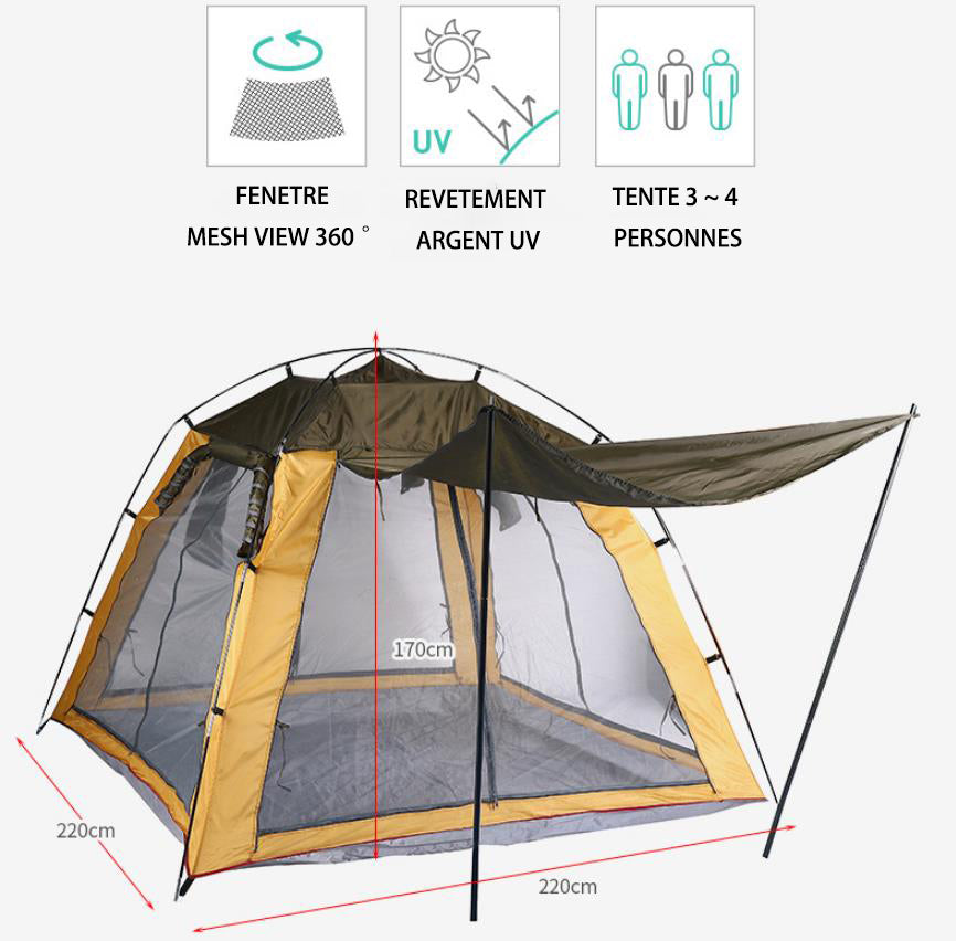 TD® Tente extérieure camping gaze respirant écran solaire ventilation anti-insectes 3-4 personnes camping tente de pêche