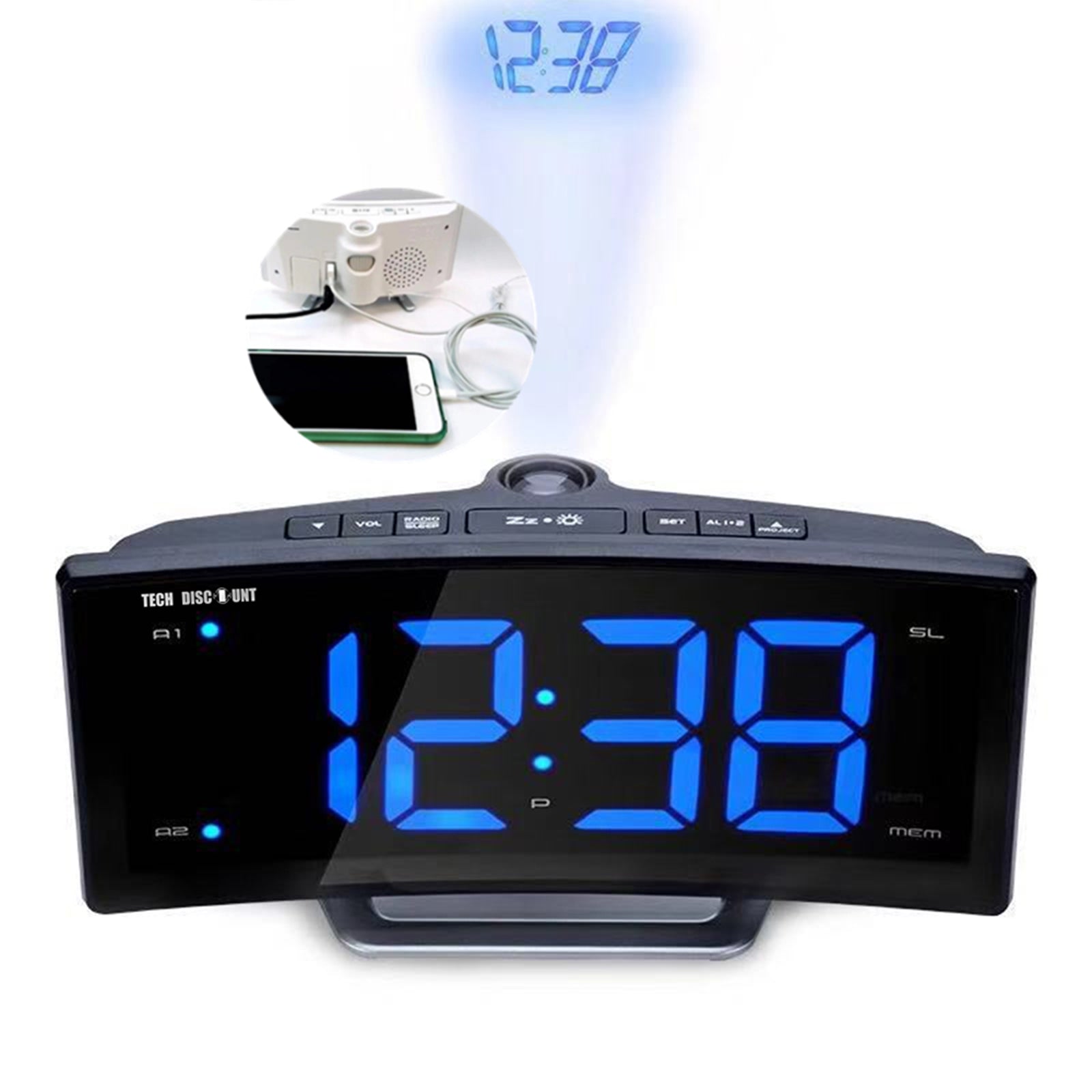 Radio-réveil à projection avec affichage bleu et port de chargement USB, Réveils