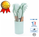 TD® Set de 9 pcs Ustensiles de cuisine en silicone avec trousse stockage en bois