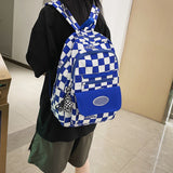 TD® Cartable en damier grande capacité en nylon anti-éclaboussures ordinateur sac à dos collège lycée étudiant campus bleu sac à dos