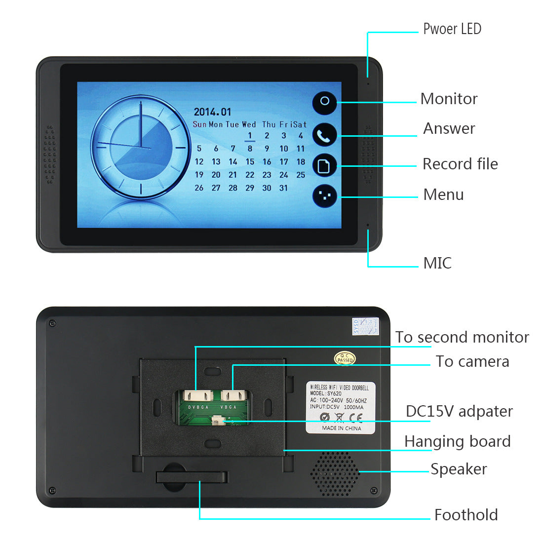 TD® Interphone vidéo imperméable Sonnette avec écran tactile Visiophone avec vision nocturne IR LED sécurité mot de passe et calendr