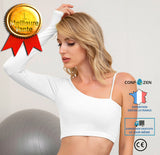 Haut de yoga blanc avec coussin de poitrine T-shirt de sport à manches longues respirant coupe ajustée haut de yoga de course