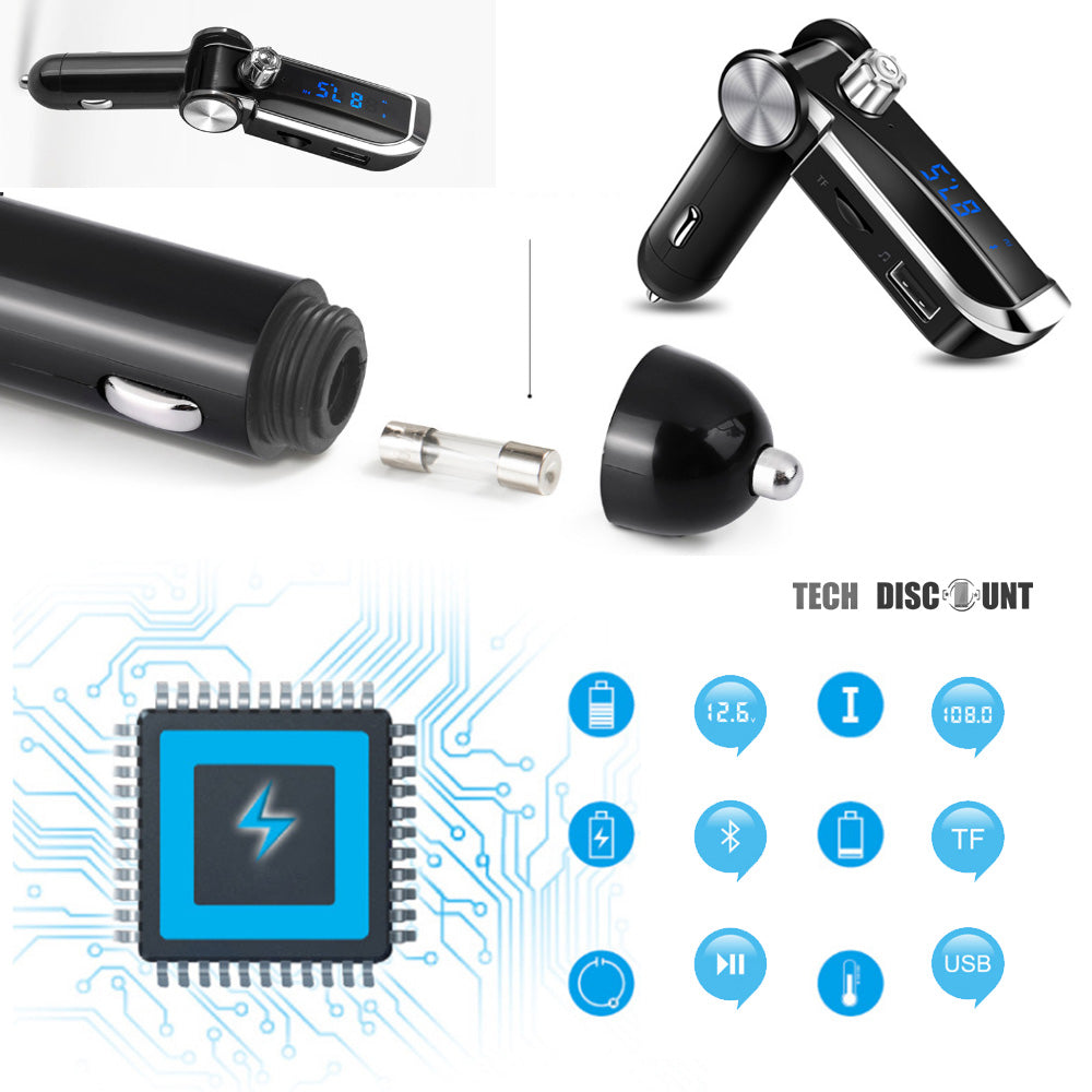 TD® Chargeur de voiture transmetteur fm bluetooth téléphone portable main libres chargement rapide usb pratique appels noir puissant