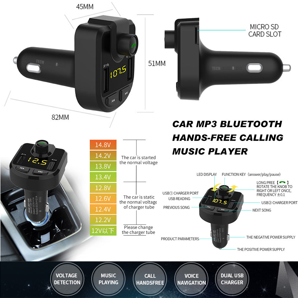 TD® Transmetteur FM Bluetooth puissance lecteur mp3 Voiture Mains Libres Musiques Adaptateur Radio sans Fil Kit téléphone