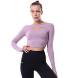 Haut de yoga col rond sans couture séchage rapide T-shirt de yoga à manches longues femmes sexy évider le nombril minceur hau