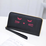 TD® Portefeuille Long en Cuir PU Noir avec un Dessin Abstrait d'un Visage de Chat avec une Anse Porte-Monnaie Porte-Cartes Pochettes