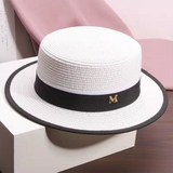 TD® Chapeau de paille d'été blanc à dessus plat M standard à bord plat chapeau haut de forme parasol chapeau de soleil pour femme