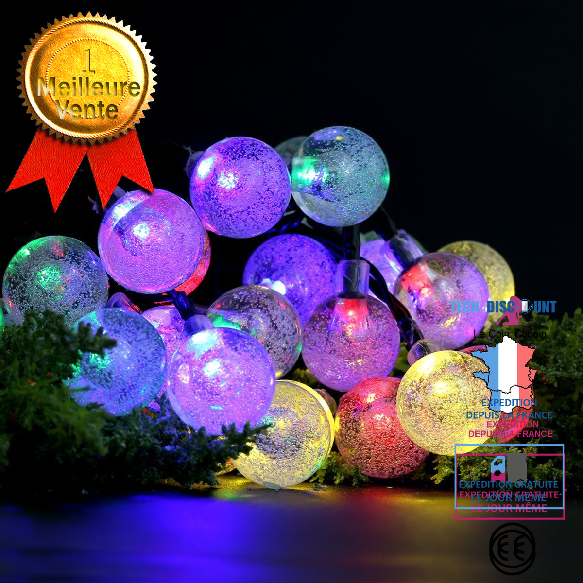 TD® Guirlande lumineuse solaire. 30 LED boules. Longueur 4.5M. Décoration extérieure et intérieure 6m solaire lumière (couleur)