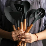 TD®  TD® Ensemble de 9 ustensiles de cuisine en silicone avec manche en bois - accessoire de cuisine