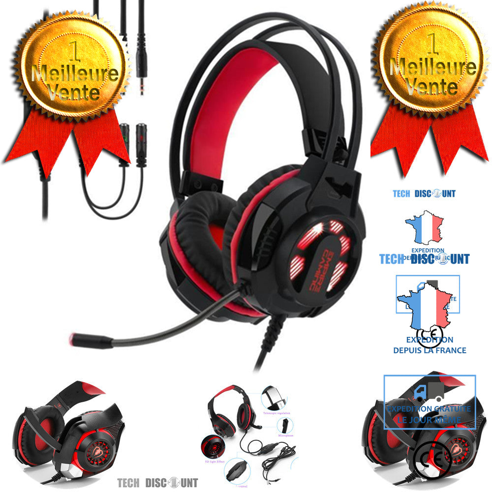 TD® Casque Gaming Rouge  Écouteurs pour Jeux / avec micro pour PC et Ordinateur Portable - LED lumineux Noir et Rouge Confortable