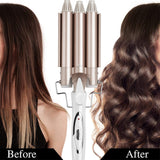 TD® Bâton curling à trois tubes pour femmes, tourmaline en céramique sèche et humide à double usage ne blesse pas l'attelle de cheve