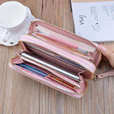 Mesdames Double Zipper Wallet Porte-monnaie Porte-cartes Rose Longue Couture Contrastante Couleur Double Portefeuille Portefe