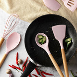 TD® Manche en bois avec ustensiles de cuisine en silicone rose Ensemble de 11 pièces anti-brûlure et résistance aux hautes températu