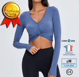 Haut de yoga bleu torsadé à manches longues col en v Sexy haut remise en forme T-shirt de sport nu femmes nombril vêtements y