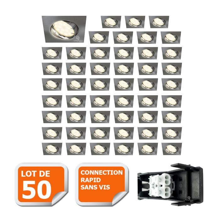 TD® LOT DE 50 SPOT ENCASTRABLE ORIENTABLE LED CARRE ALU BROSSE GU10 230V eq. 50W BLANC NEUTRE