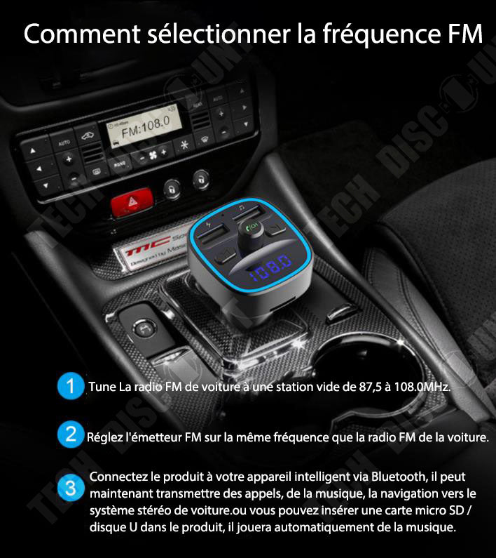 Transmetteur FM Bluetooth,Lecteur MP3 de Voiture Bluetooth Transmetteur FM  sans Fil Audio Musique Stéréo,Chargeur