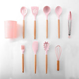 TD® Manche en bois avec ustensiles de cuisine en silicone rose Ensemble de 11 pièces anti-brûlure et résistance aux hautes températu