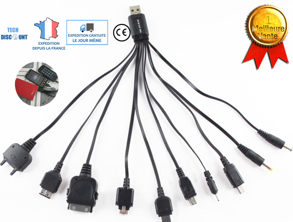 TD® 10 en 1 câble chargeur universel alimentation connecteurs rétractable USB charge rapide téléphone multicanal compatible smartpho